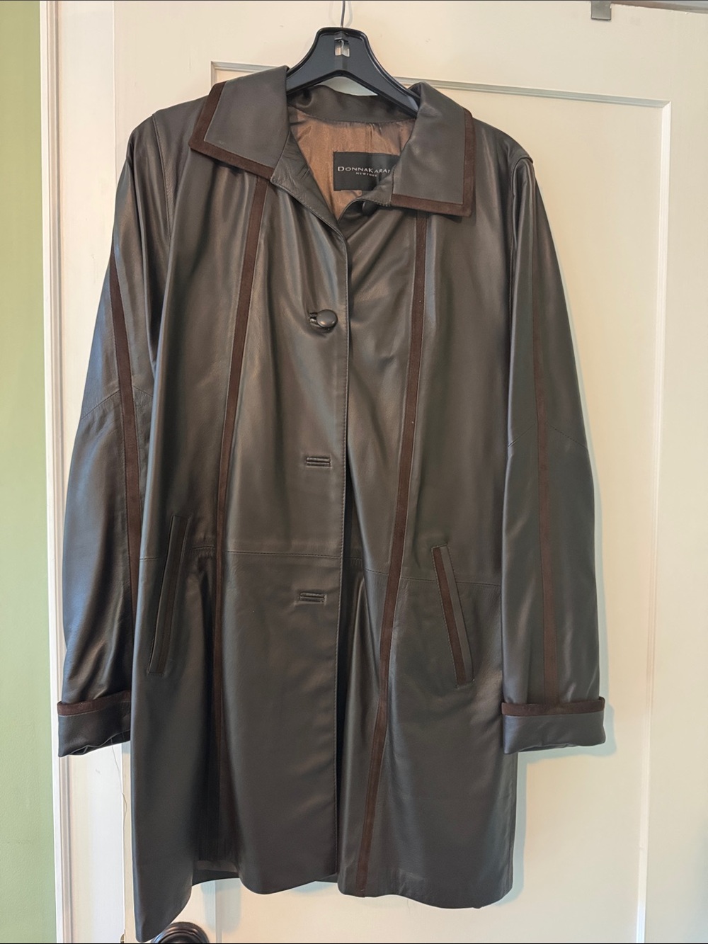 Donna Karan Brown Leather Long Jacket with Contrast Trim